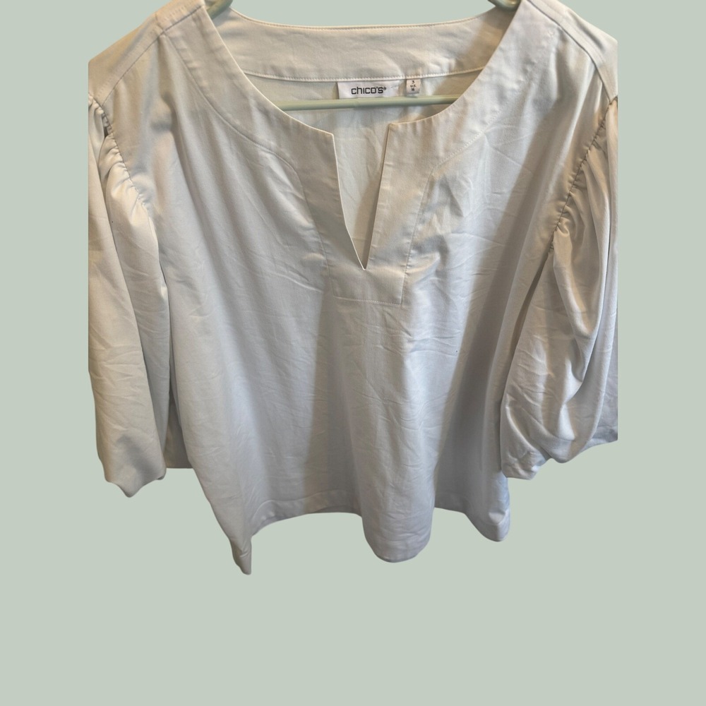 Chicos White Split Neck Puff Sleeve Blouse Top Cotton Stretch Size 3 US 16